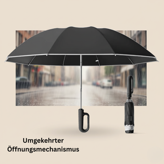CaraBrell - winddichter, starker Regenschirm mit reflektierendem Streifen, umgekehrter faltbarer UV-Regenschirm für Regen und Sonne
